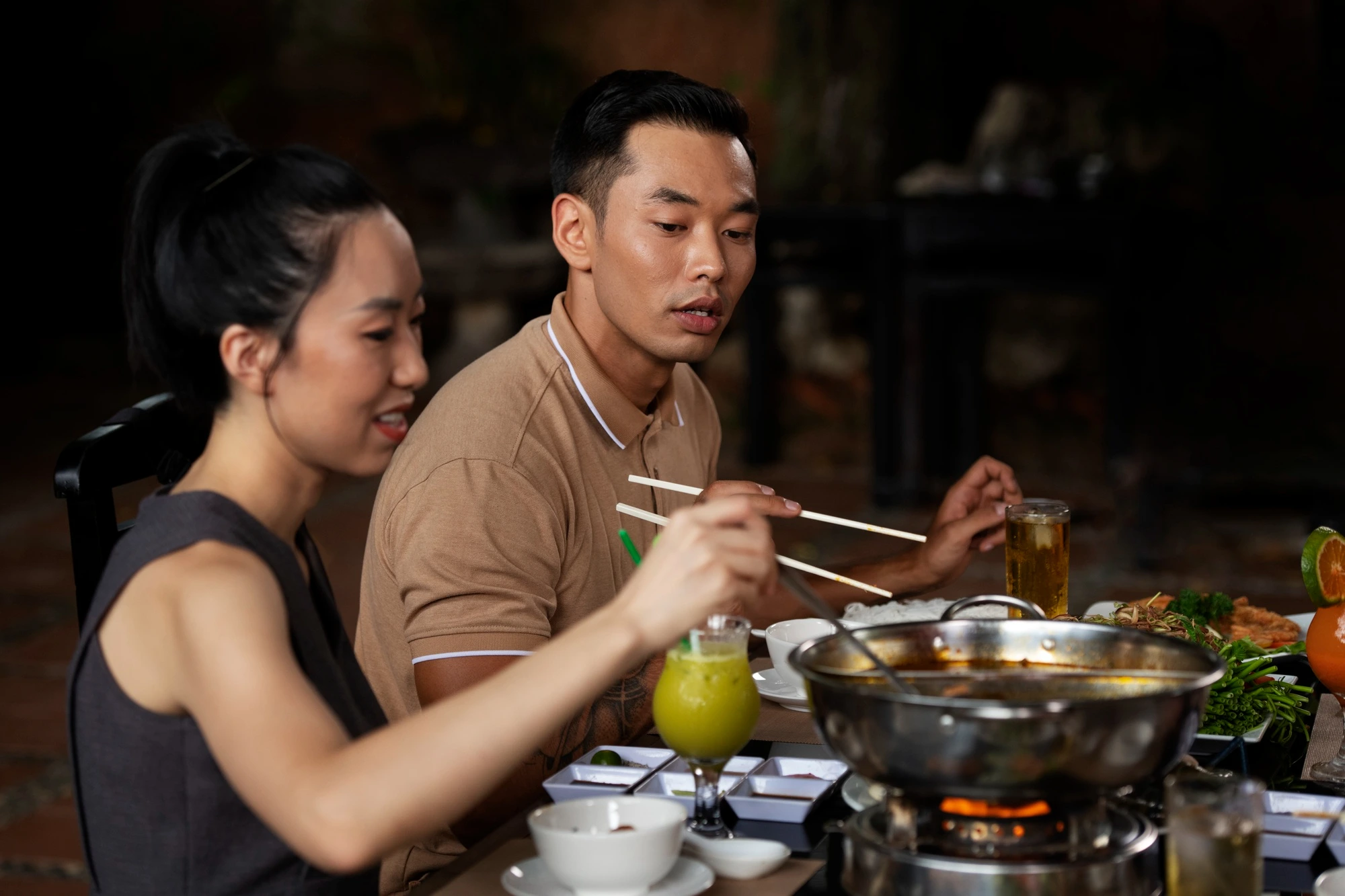 Couple enjoying hibachi dinner together