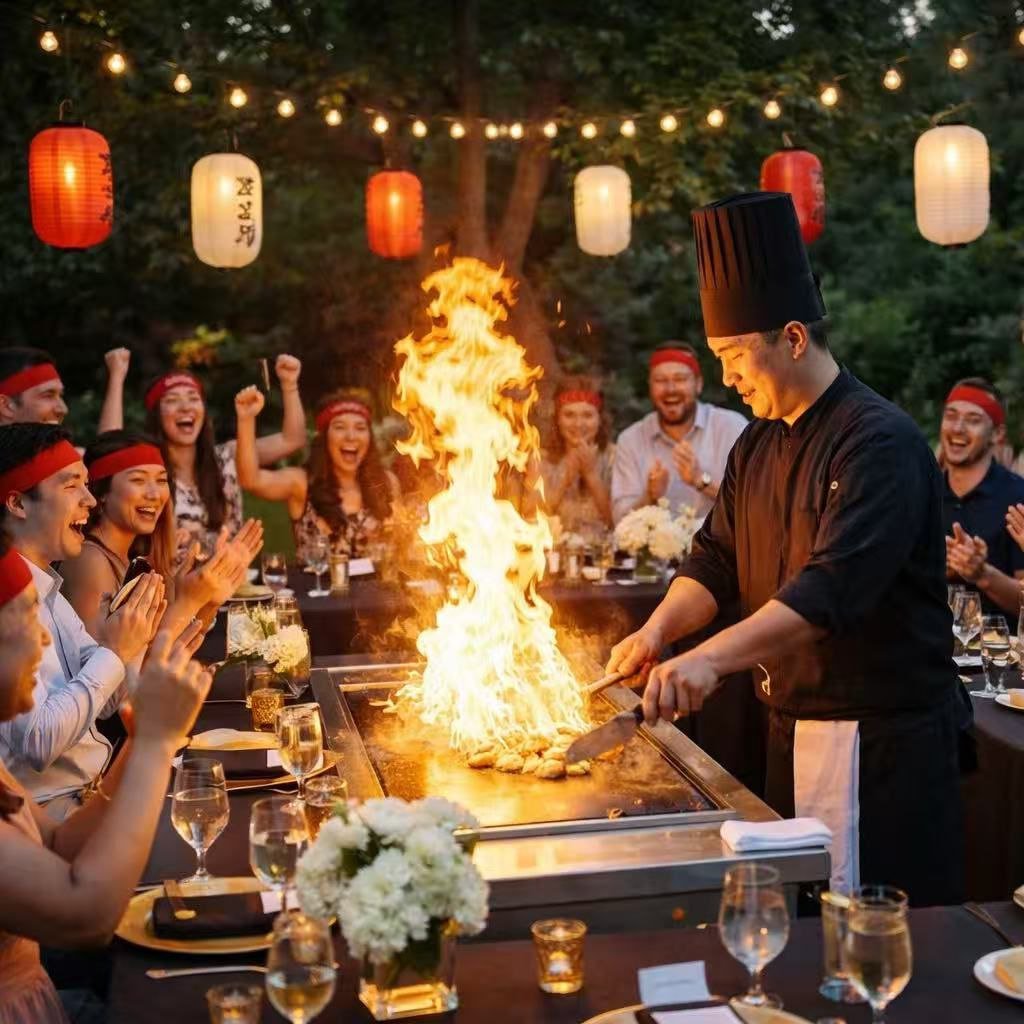 Hibachi chef performing live with flames