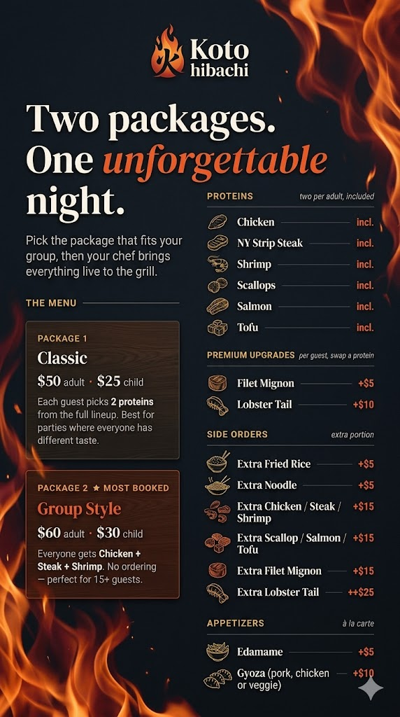 Koto Hibachi packages poster — Classic and Group Style menu